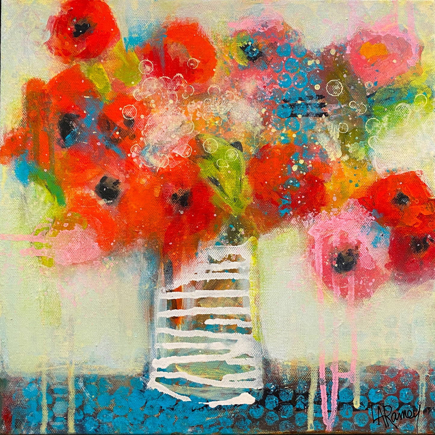 Contemporary abstract floral drips acrylic painting red teal bright green dots modern