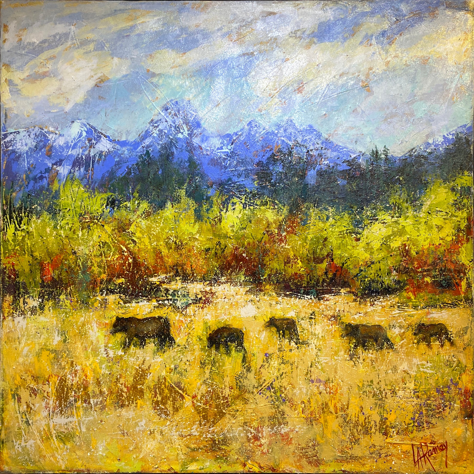 grizzly bear, willow, grand Teton national park, mountains, blue skies, clouds, painting, acrylic, grizzly cubs, grizzly bear 399, gold field, green flora, pine trees, snow capped mountains